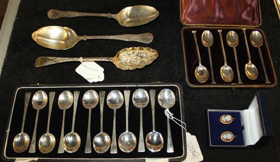 Cased set of 12 silver coffee spoons, another cased set of spoons, silver gilt spoon, 2 plated spoons and a pair of cameo earrings